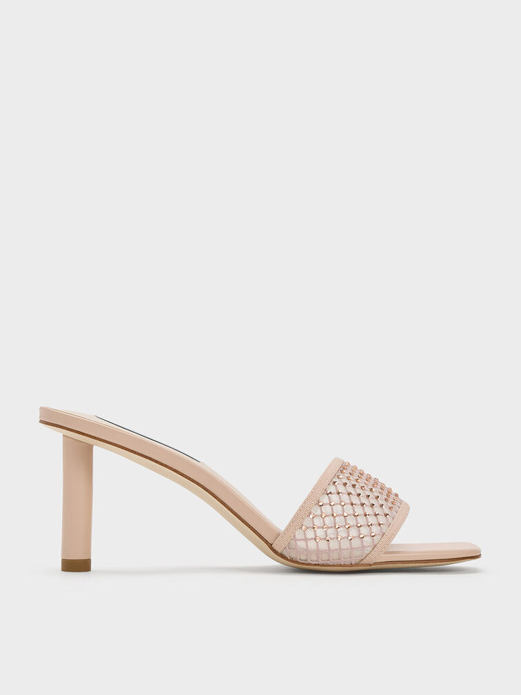 Gem-Encrusted Cylindrical Heel Mesh Sandals, Nude, hi-res