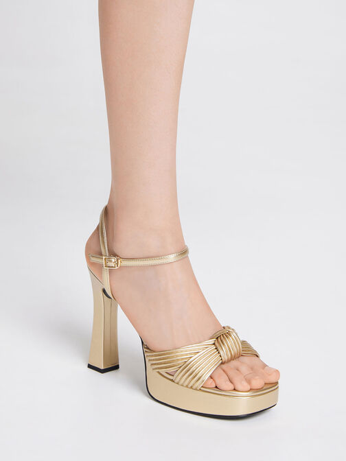 Pleated Knotted Platform Sandals, Gold, hi-res