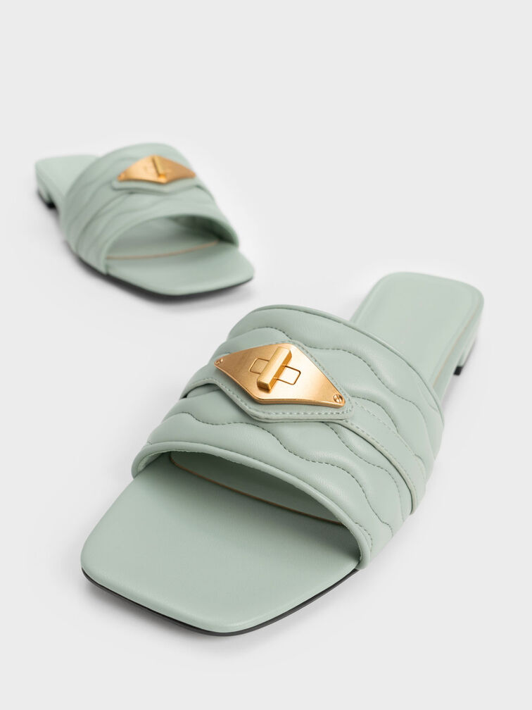 Metallic Buckle Textured Slides, Mint Green, hi-res