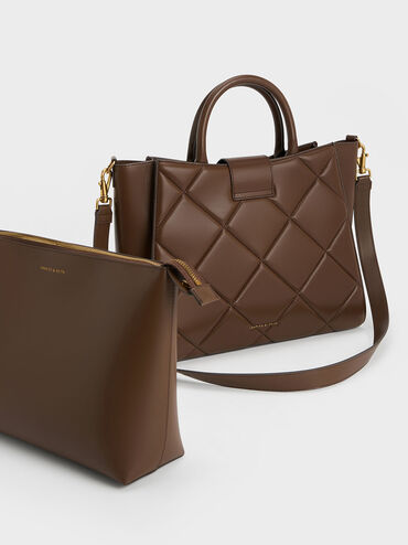 Vertigo Quilted Tote Bag, Dark Brown, hi-res