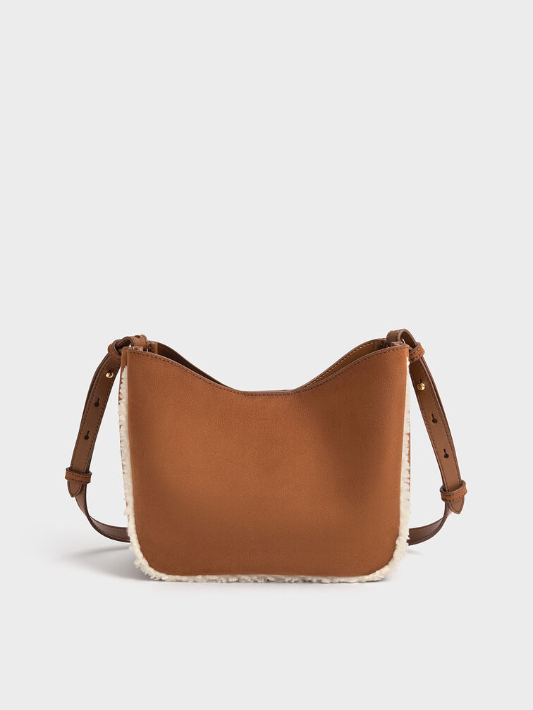 Robyn Faux Suede Fur-Trim Chain-Handle Bag, Brown, hi-res