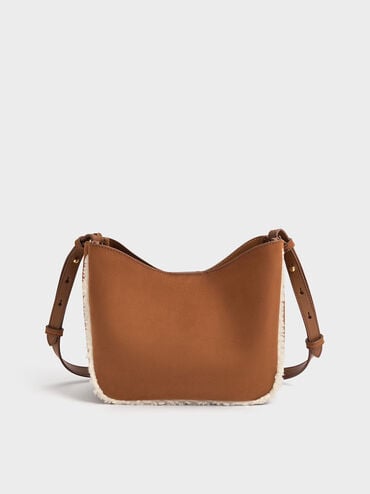 Robyn Faux Suede Fur-Trim Chain-Handle Bag, Brown, hi-res