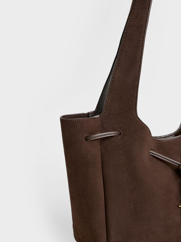 Mila Recycled Suede Metallic-Knot Drawstring Tote Bag, Espresso Brown, hi-res