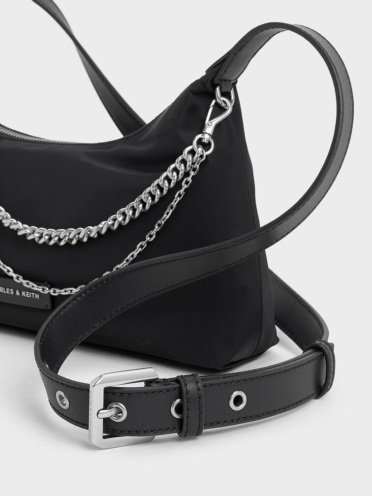 Nylon Chain-Link Trapeze Shoulder Bag, Noir, hi-res