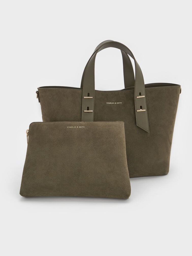 Shania Recycled Suede Tote Bag, Deep Olive, hi-res