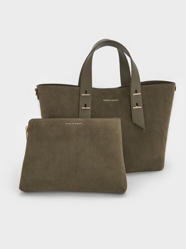 Shania Recycled Suede Tote Bag, Deep Olive, hi-res