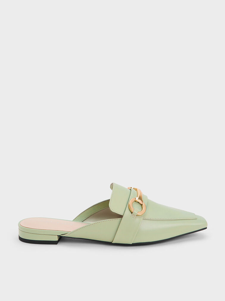 Metallic Accent Tapered Flat Mules, Sage Green, hi-res