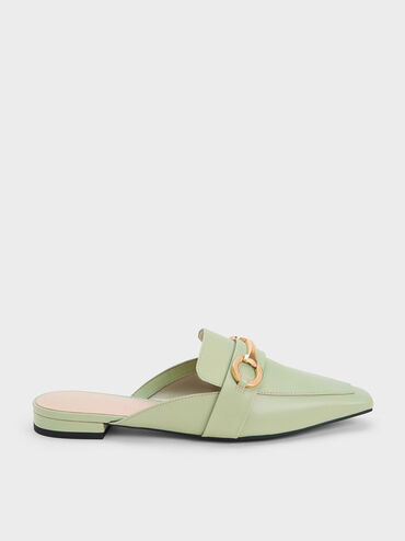 Metallic Accent Tapered Flat Mules, Sage Green, hi-res