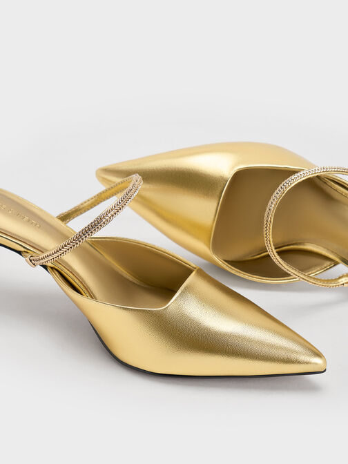 Metallic Braided Strappy Heeled Mules, Gold, hi-res