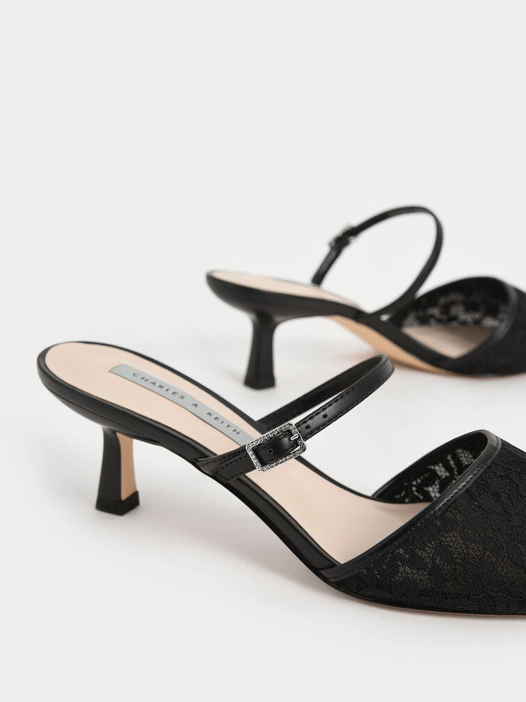 Lace & Mesh Embellished-Buckle Mules, Black, hi-res