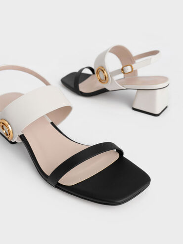 Metallic Accent Trapeze Heel Sandals, Black Textured, hi-res