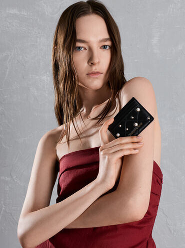 Janie Pearl-Embellished Quilted Card Holder, Black, hi-res