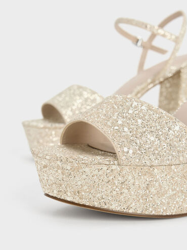 Glittered Ankle-Strap Platform Sandals, Gold, hi-res