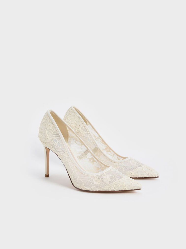 Lace Stiletto Pumps, Cream, hi-res