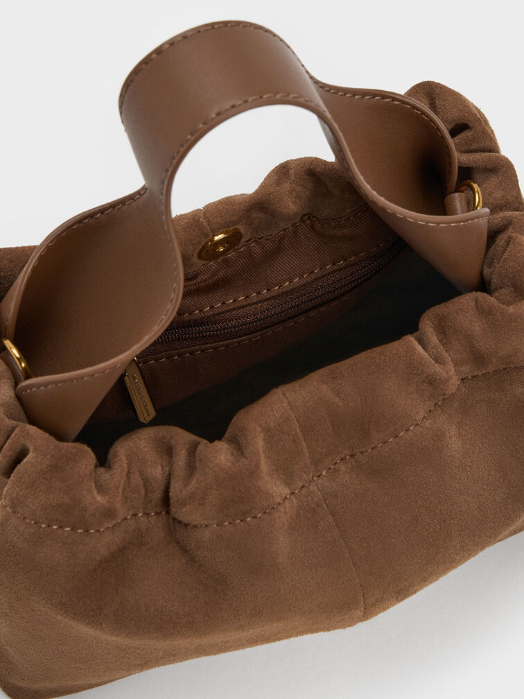 Ally Recycled Suede Ruched Slouchy Chain-Handle Bag, Mocha Brown, hi-res