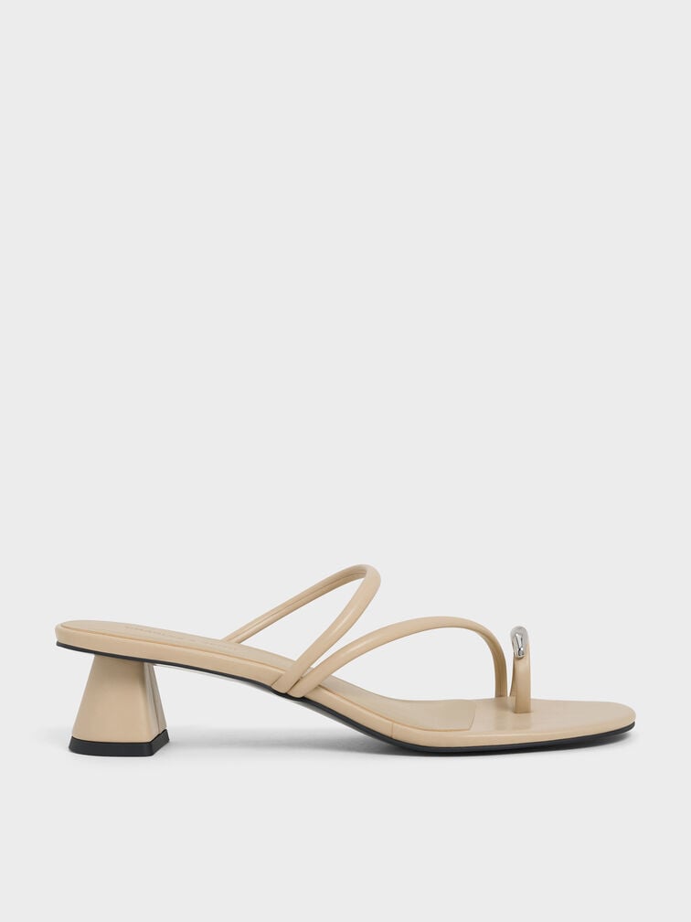 Metallic-Accent Strappy Toe-Ring Heeled Sandals, Taupe, hi-res
