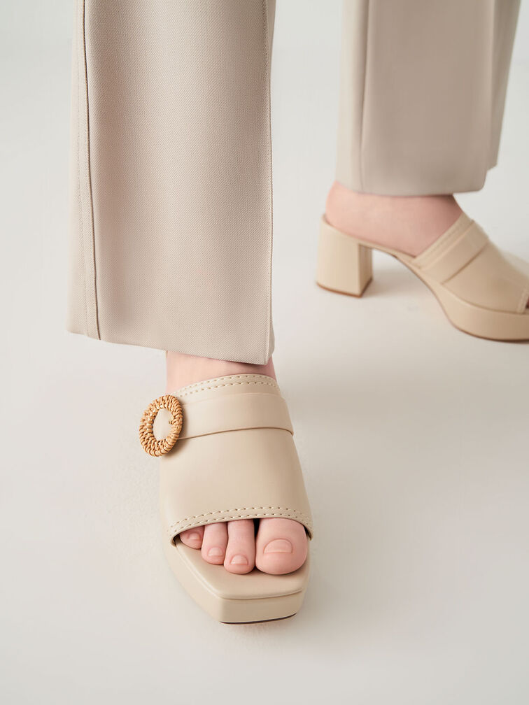 Woven Buckle Platform Mules, Chalk, hi-res