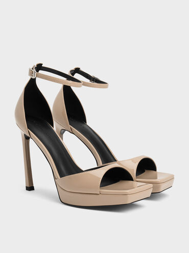 Patent Platform Heeled Sandals, Taupe, hi-res