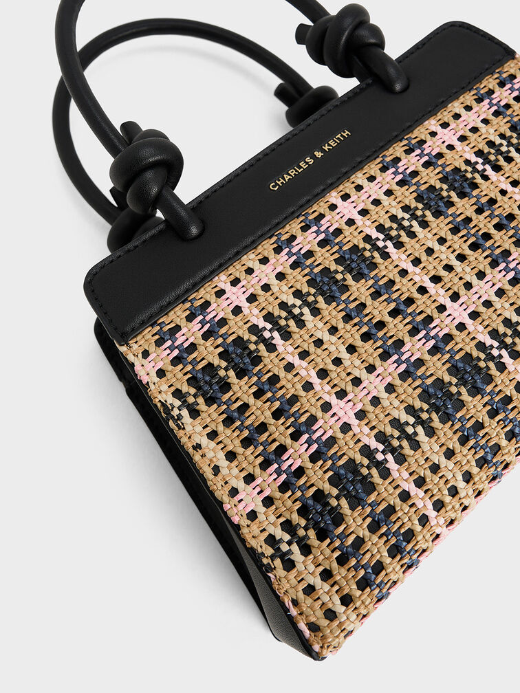 Sabine Tartan Knotted-Handle Tote Bag, Tartan Straw, hi-res