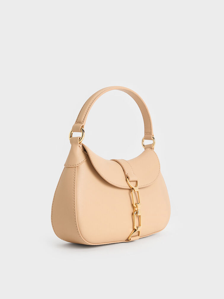 Agatha Chain-Accent Hobo Bag, Beige, hi-res
