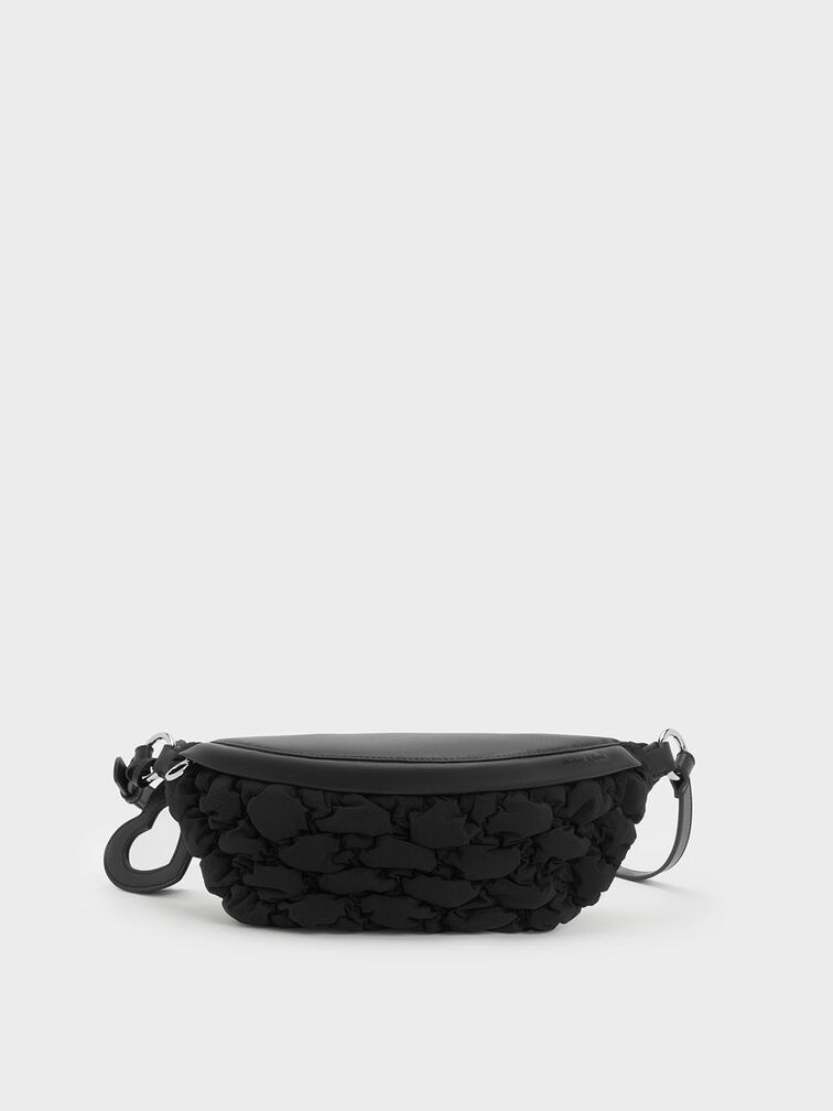 Ruched Nylon Bum Bag, Black, hi-res