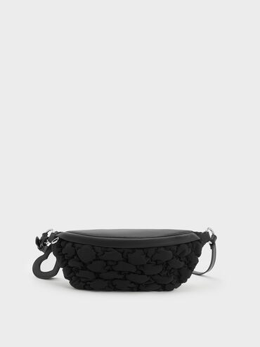 Ruched Nylon Bum Bag, Black, hi-res