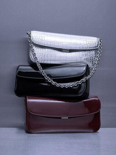 Metallic Croc-Effect Chain-Handle Shoulder Bag, Silver, hi-res
