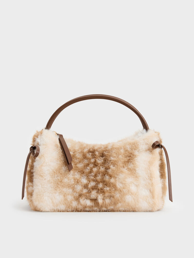 Hazel Furry Deer-Print Bow Top Handle Bag, Animal Print Brown, hi-res