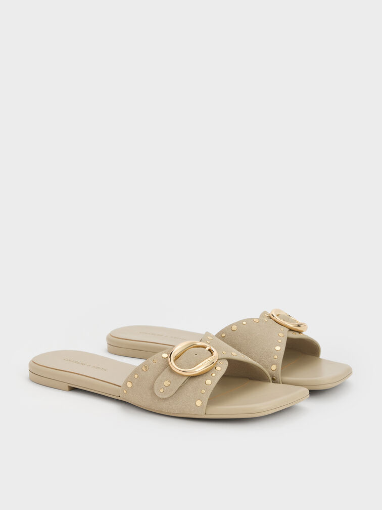 Studded Buckled Slide Sandals, Beige, hi-res