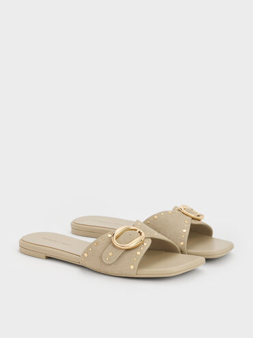 Studded Buckled Slide Sandals, Beige, hi-res