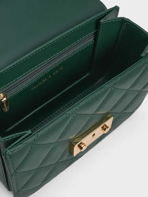 Quilted Push-Lock Chain-Handle Bag, Dark Green, hi-res