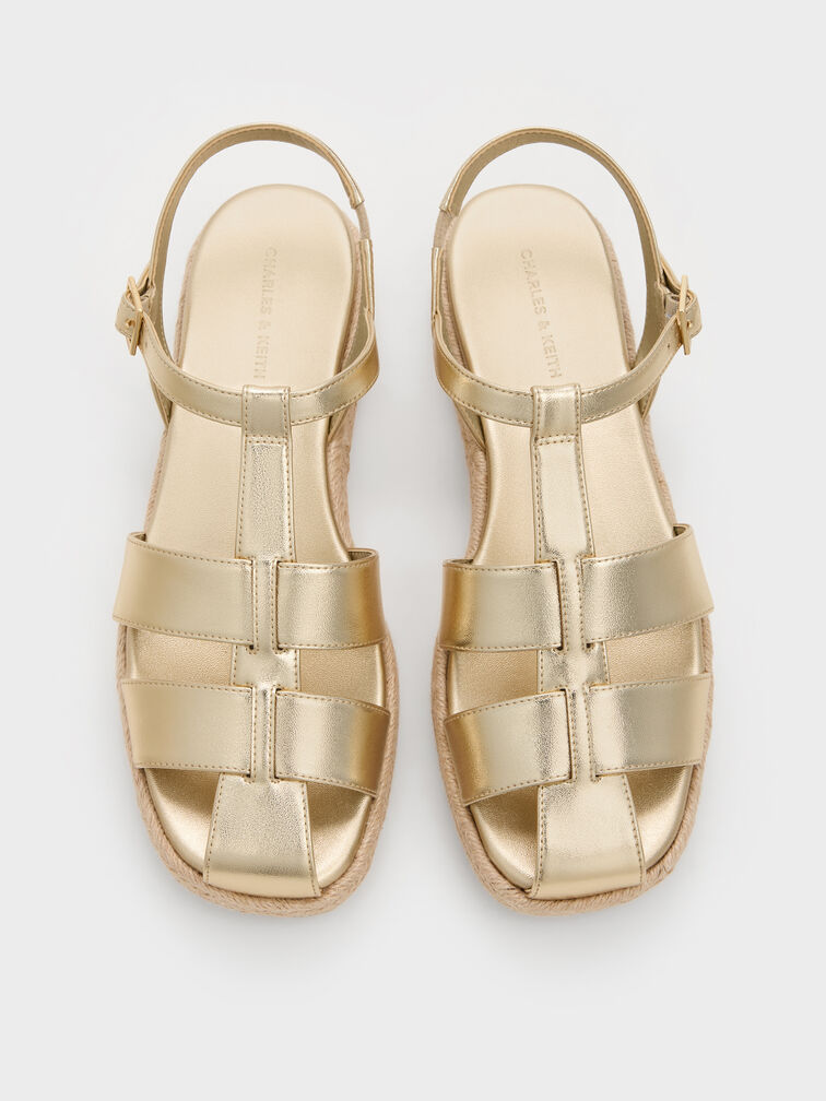 Metallic Caged Flatform Espadrille Sandals, Light Gold, hi-res