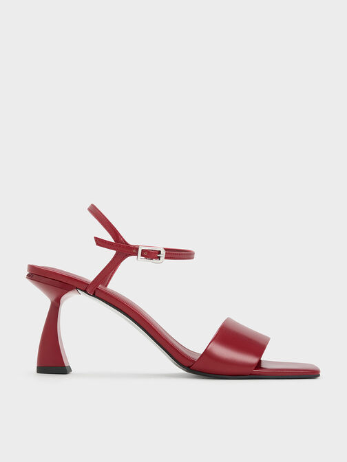 Open Toe Curved Heel Sandals, Red, hi-res