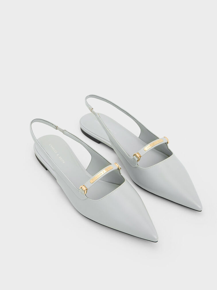 Metallic Bar Accent Slingback Flats, Light Grey, hi-res