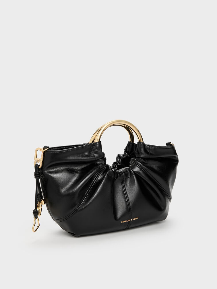 Ciara Ruched Metal Top Handle Bag, Black, hi-res