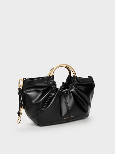 Ciara Ruched Metal Top Handle Bag, Black, hi-res