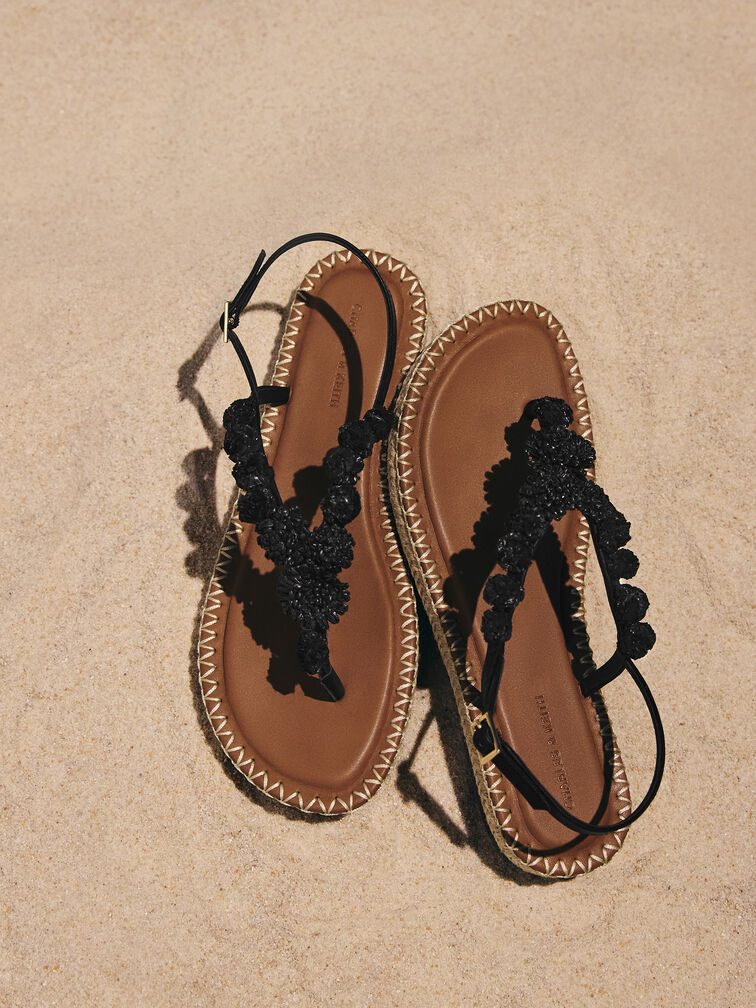 Flower Espadrille Thong Sandals, Black, hi-res