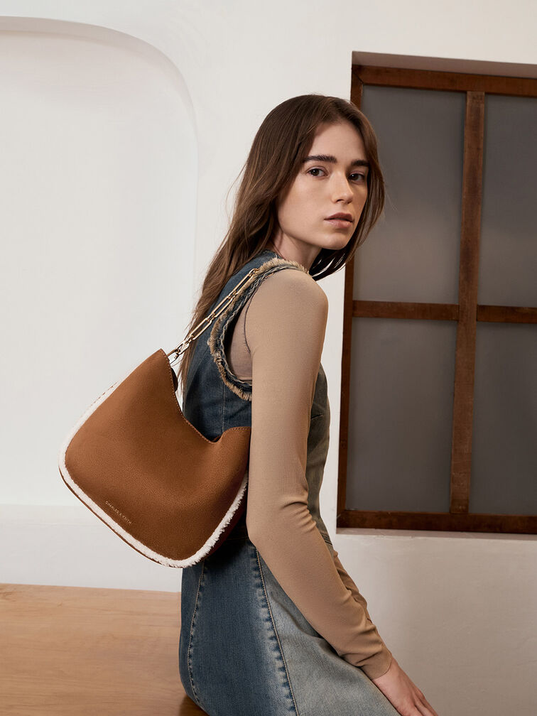 Robyn Faux Suede Fur-Trim Chain-Handle Bag, Brown, hi-res