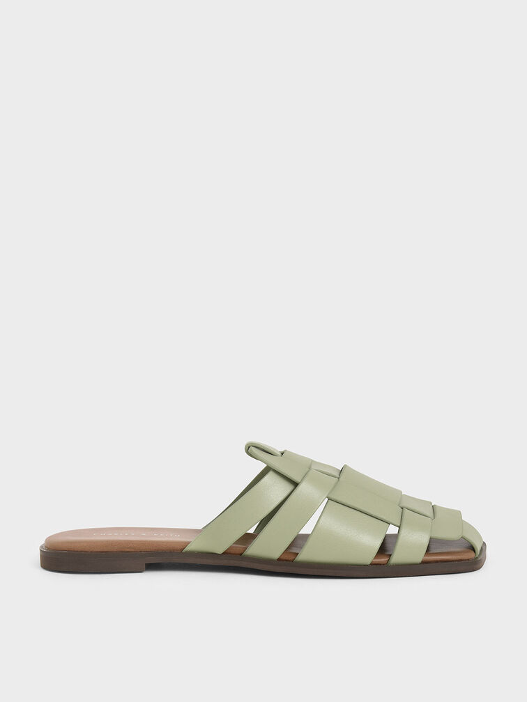 Woven Flat Mules, Sage Green, hi-res