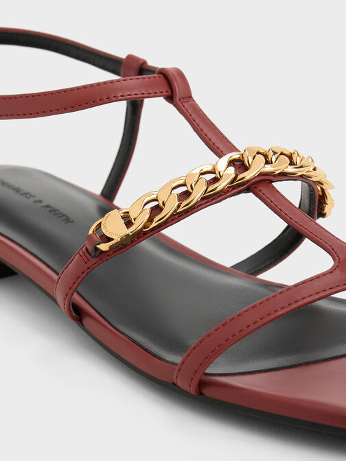 T-Bar Chain-Link Sandals, Red, hi-res