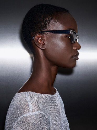 Recycled Acetate Metallic-Accent Angular Cat-Eye Sunglasses, Noir, hi-res