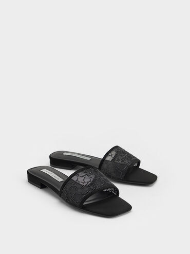 Bead-Embellished Mesh Flat Sandals, Black, hi-res