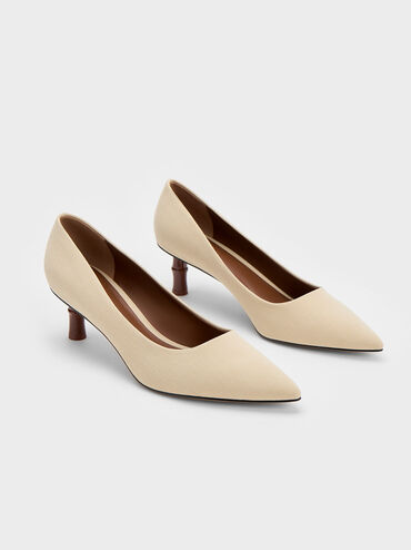 Bamboo Heel Pointed-Toe Pumps, Beige, hi-res