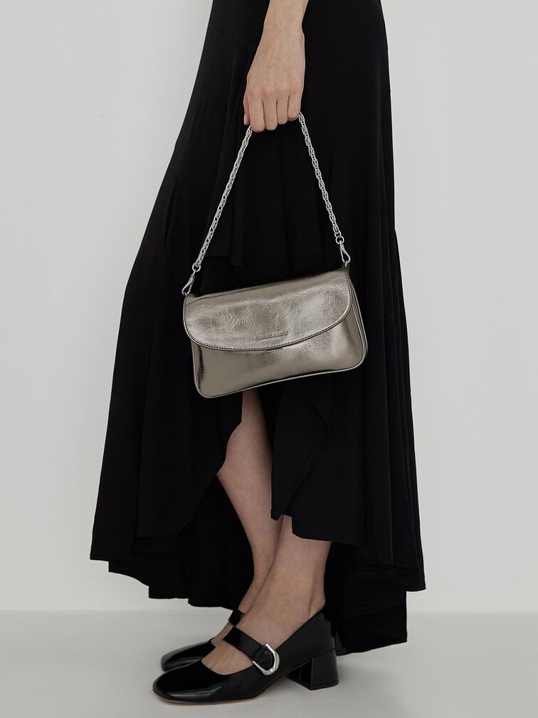 Caia Metallic Front Flap Shoulder Bag, Pewter, hi-res