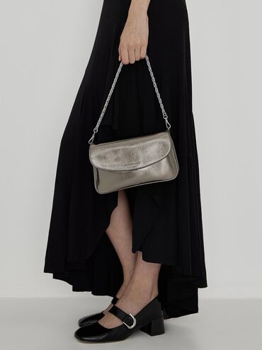 Caia Metallic Front Flap Shoulder Bag, Pewter, hi-res