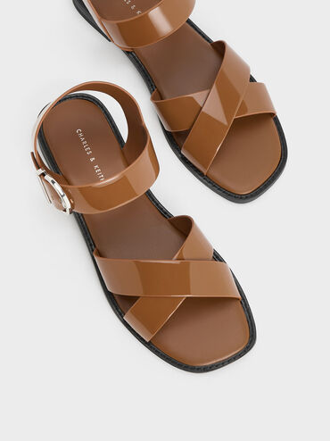 Patent Crossover Strap Sandals, Cognac, hi-res