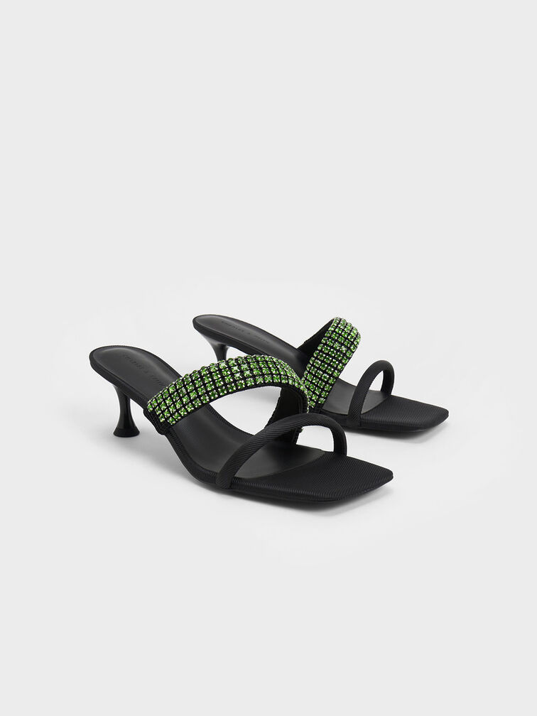 Gem Embellished Strappy Mules, Green, hi-res