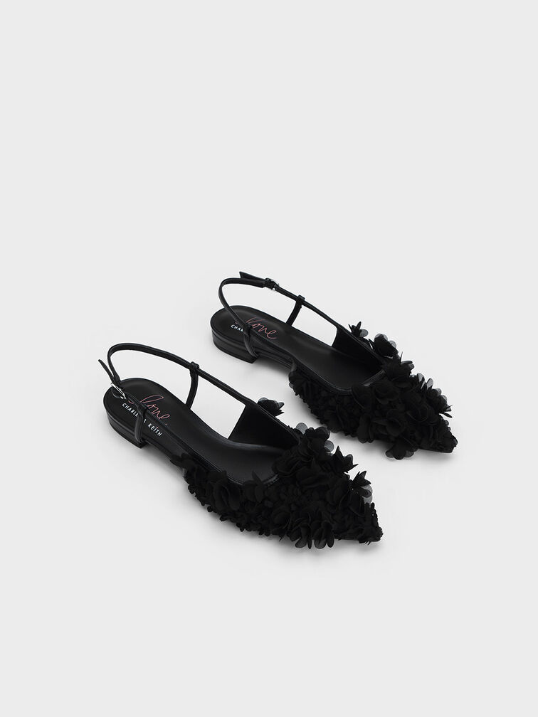 Floral Mesh Slingback Flats, Black, hi-res