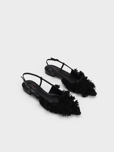 Floral Mesh Slingback Flats, Black, hi-res