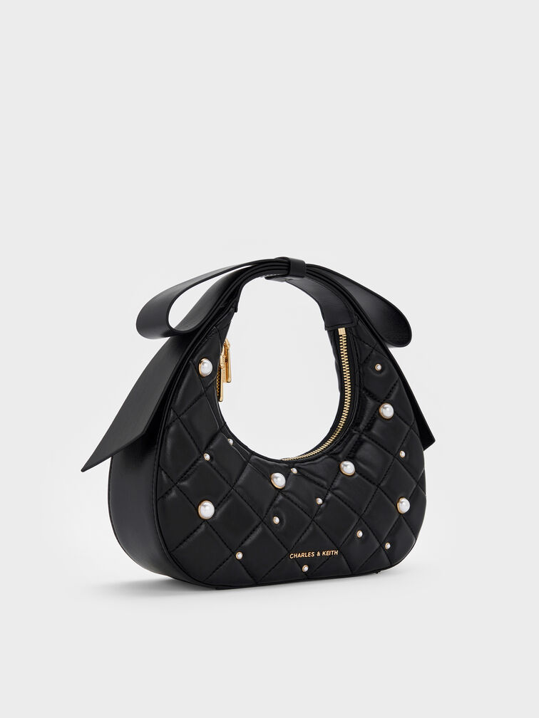 Janie Quilted Pearl Bow-Handle Bag, Black, hi-res